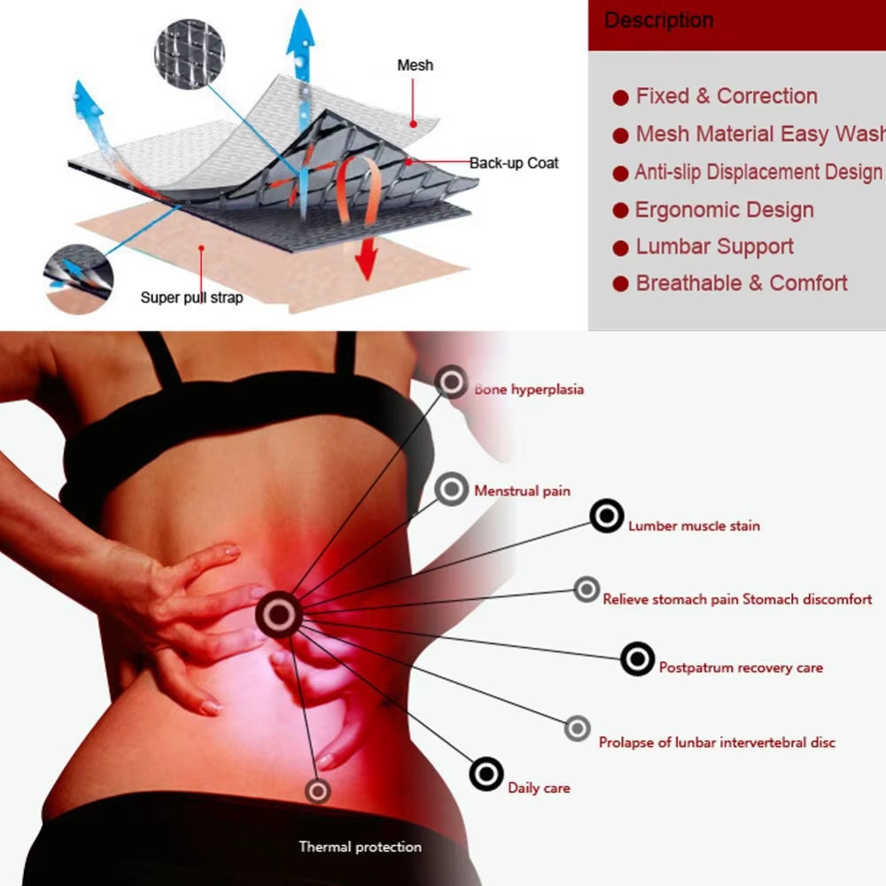 Tcare M - 4XL Adjustable Tourmaline Self Heating Magnetic Therapy Back Waist Support Belt Lumbar Brace Massage Band Health Care